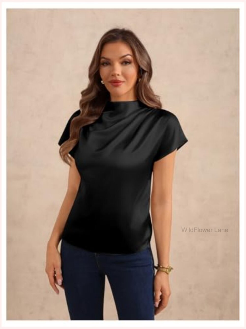 Mock Neck Satin Blouse Dolman Short Sleeve Ruched Elegant Top - Picture 4 of 6